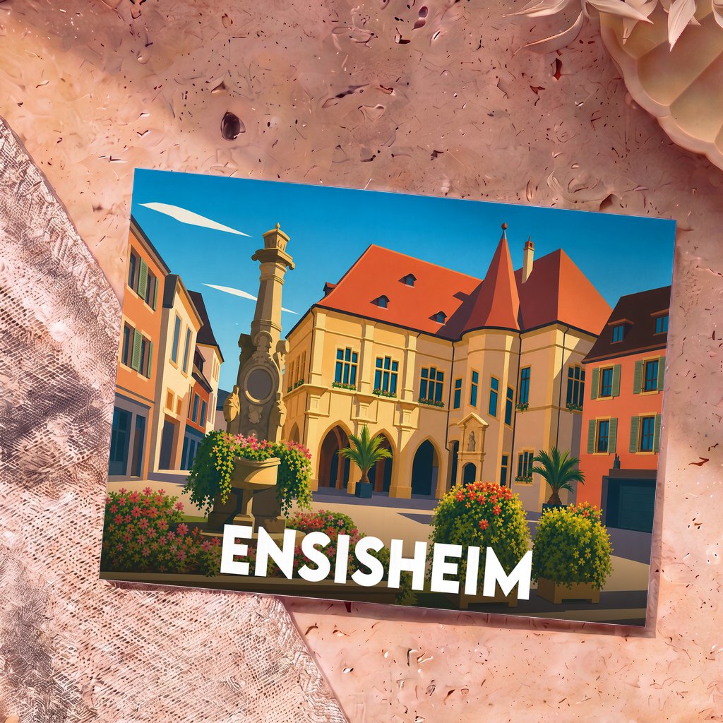 Carte postale souvenir de la ville d'Ensisheim avec une illustration stylisée de sa place historique.
