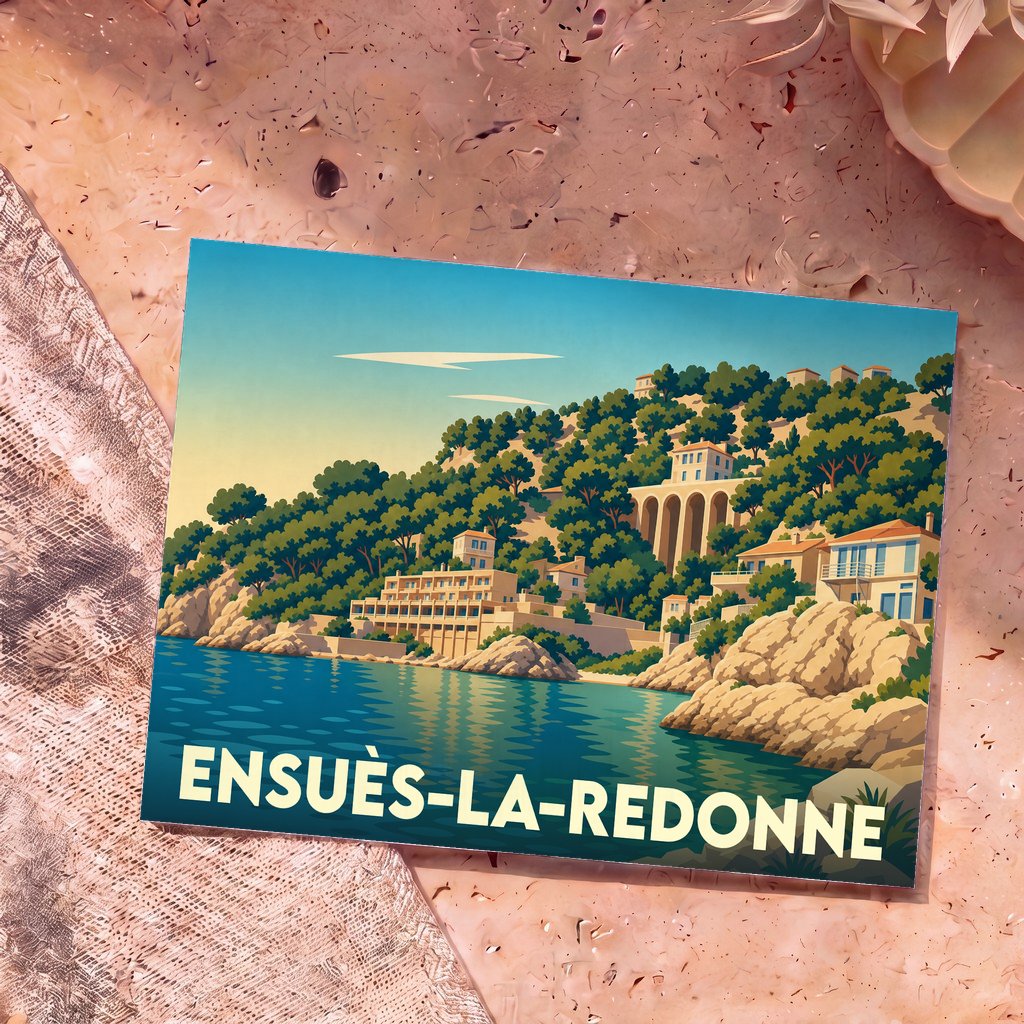 Carte postale souvenir de la ville d'Ensuès-la-Redonne avec une illustration stylisée de son littoral escarpé.