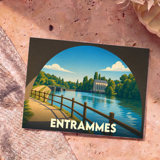 Carte postale souvenir de la ville d'Entrammes représentant une vue stylisée d'une rivière bordée de verdure.