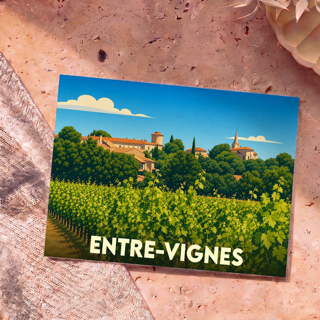 Carte postale souvenir de la ville d'Entre-Vignes avec une illustration stylisée de ses vignobles et de son village.