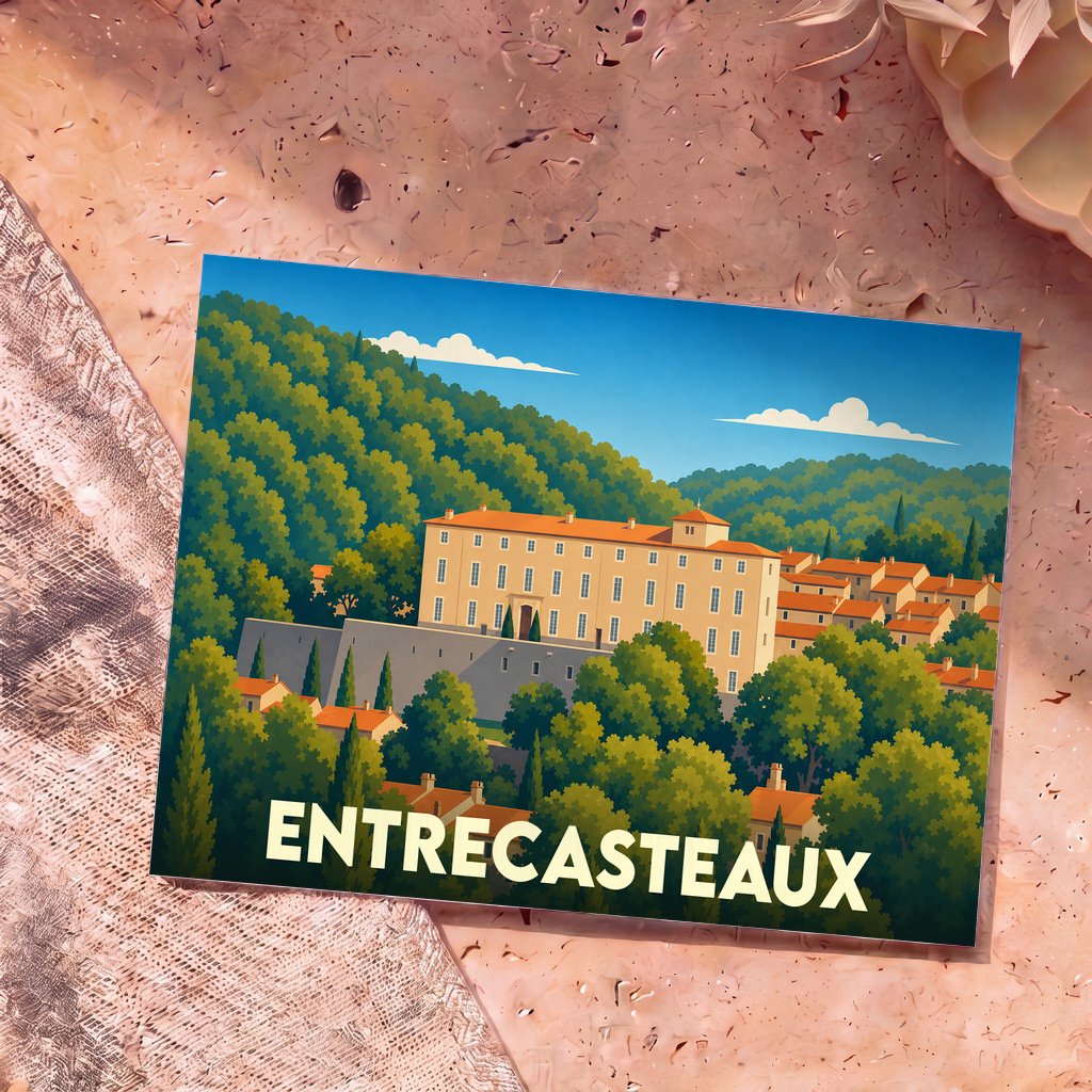 Carte postale souvenir d'Entrecasteaux avec une illustration stylisée de son château niché au cœur de collines verdoyantes.