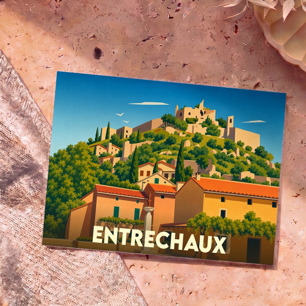 Carte postale souvenir de la ville d'Entrechaux avec une illustration stylisée de son village perché et de son château.