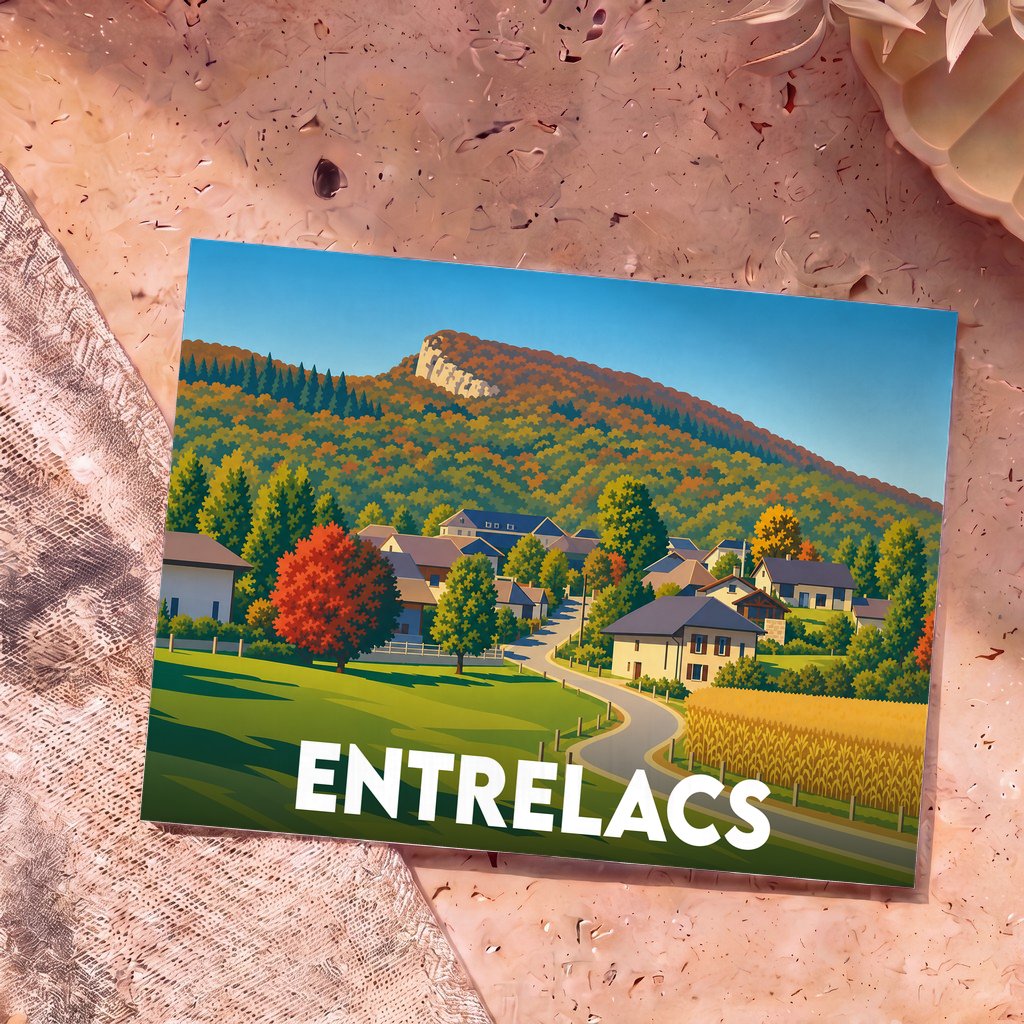 Carte postale souvenir de la ville d'Entrelacs avec une illustration stylisée de son paysage vallonné.