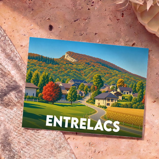 Carte postale souvenir de la ville d'Entrelacs avec une illustration stylisée de son paysage vallonné.