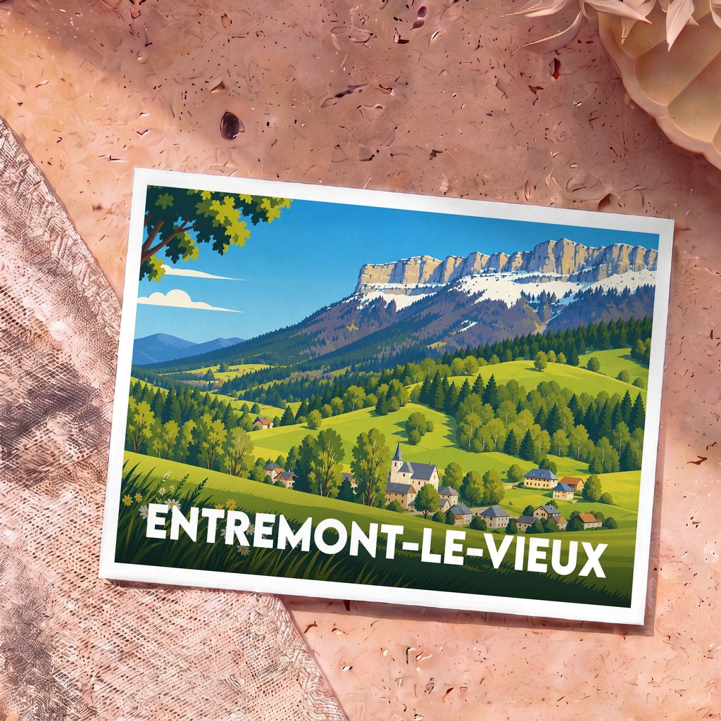 Carte postale souvenir de la ville d'Entremont-le-Vieux avec une illustration stylisée de son paysage montagneux.