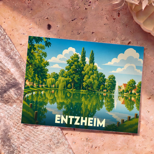 Carte postale souvenir de la ville de Entzheim avec une illustration stylisée d'un lac et de sa végétation.