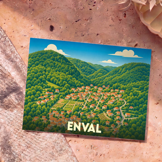 Carte postale souvenir de la ville d'Enval avec une illustration stylisée d'un village niché au cœur de collines boisées.