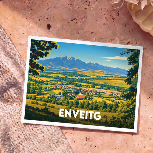 Carte postale souvenir de la ville d'Enveitg illustrant un paysage de vallée pyrénéenne au style vintage.