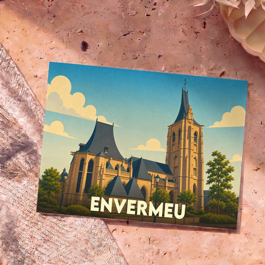 Carte postale souvenir de la ville d'Envermeu avec une illustration stylisée de son église.