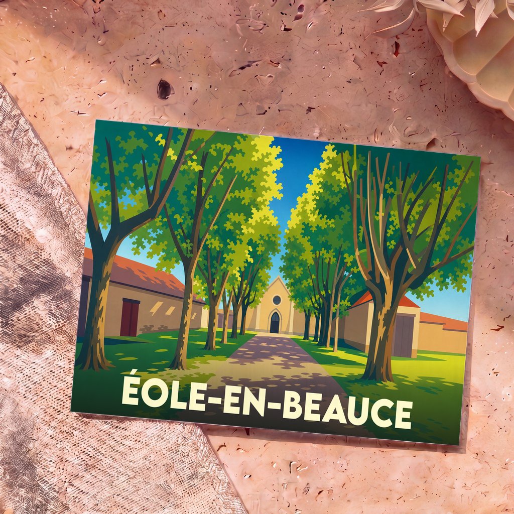 Carte postale souvenir de la ville de Éole-en-Beauce avec une illustration stylisée d'une allée arborée menant à une église.