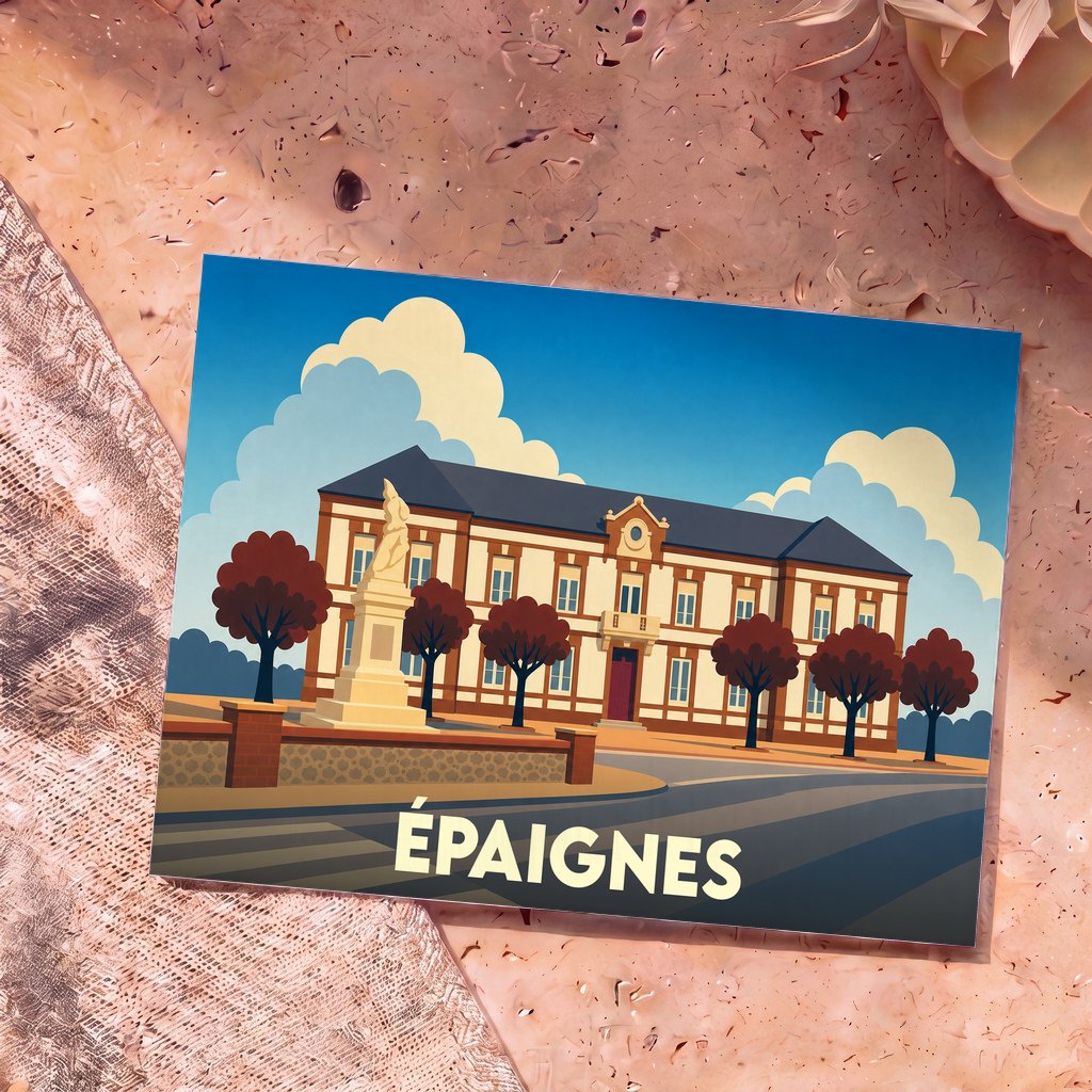 Carte postale souvenir de la ville de Épaignes avec une illustration stylisée d'un bâtiment historique et d'un monument.