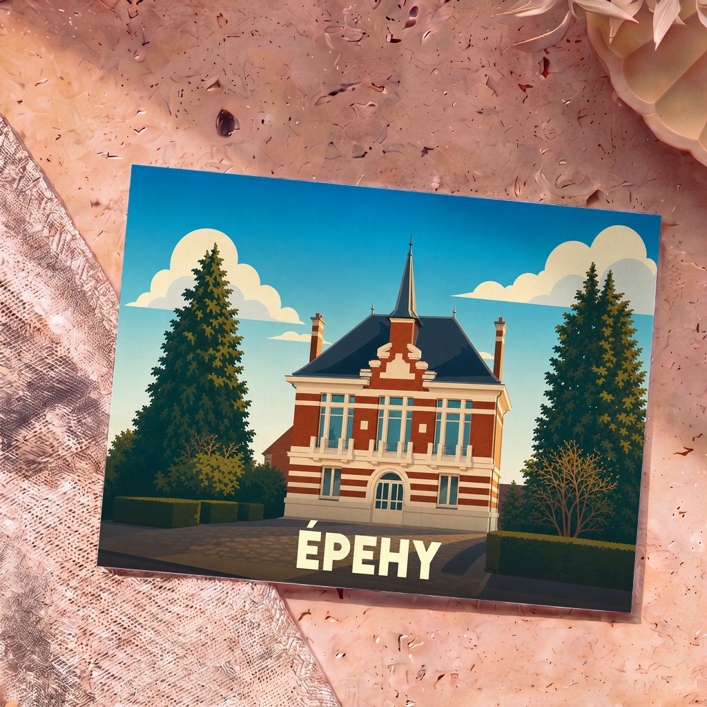 Carte postale souvenir de la ville d'Épehy avec une illustration stylisée de son hôtel de ville.
