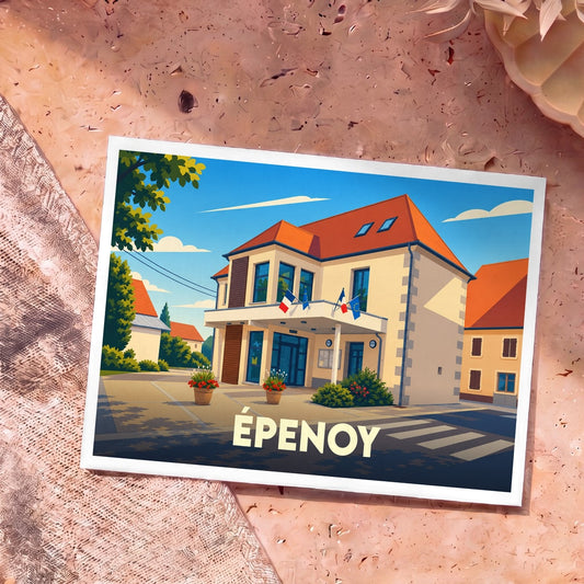 Carte postale souvenir de la ville d'Épenoy avec une illustration stylisée de sa mairie.
