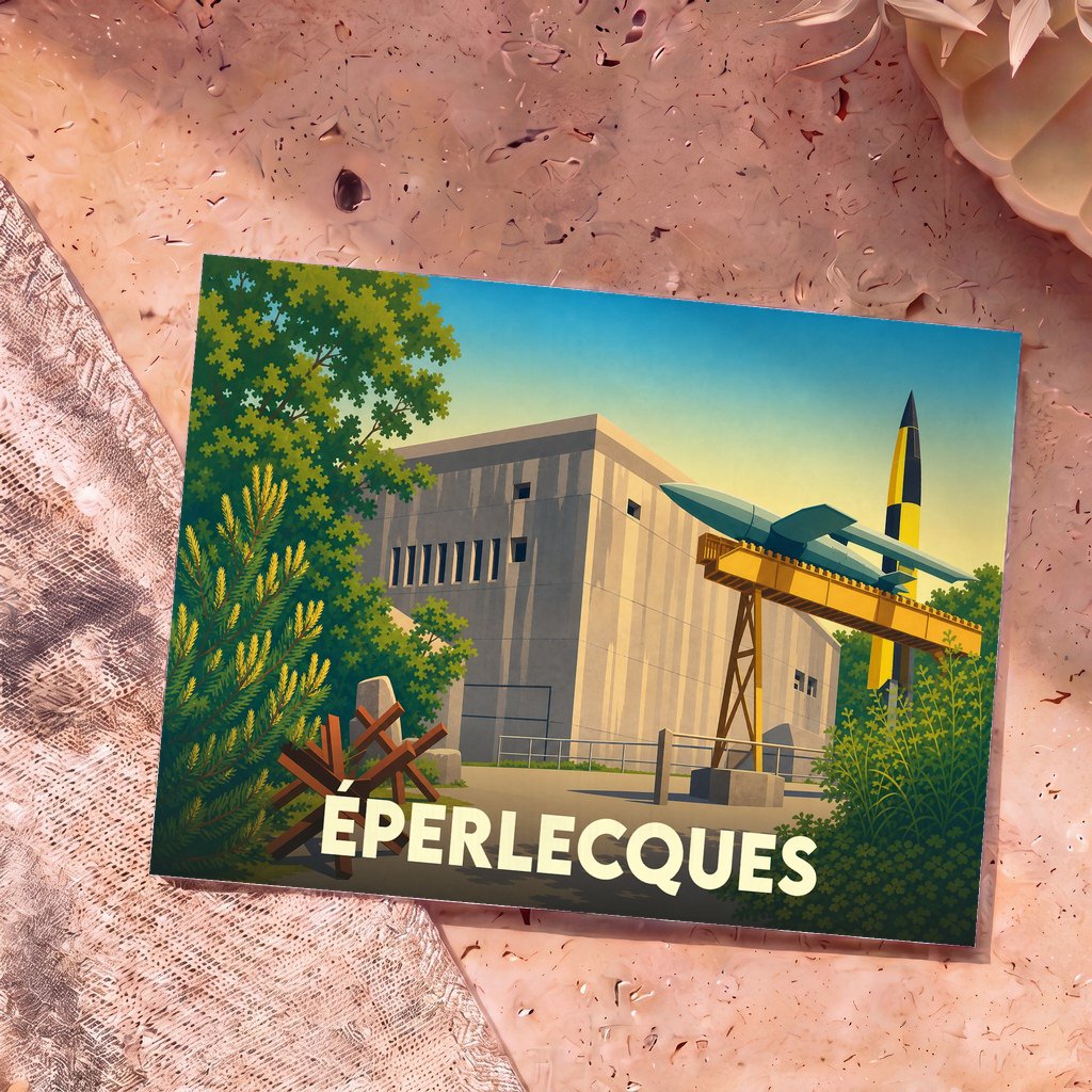 Carte postale souvenir de la ville d'Éperlecques illustrant son célèbre blockhaus avec une fusée V2 et un missile V1.
