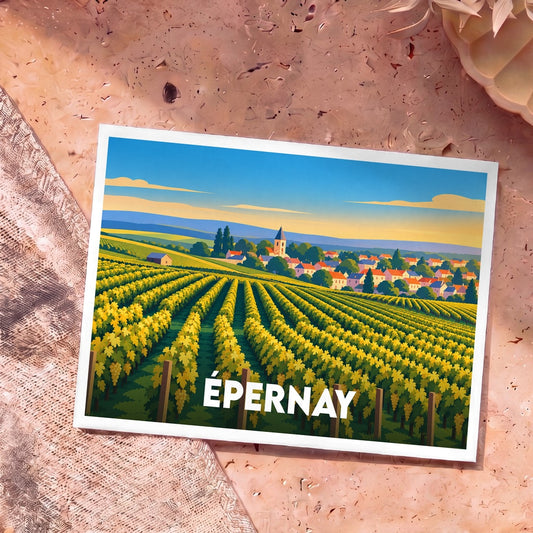 Carte postale souvenir de la ville d'Épernay avec une illustration stylisée de ses vignobles.