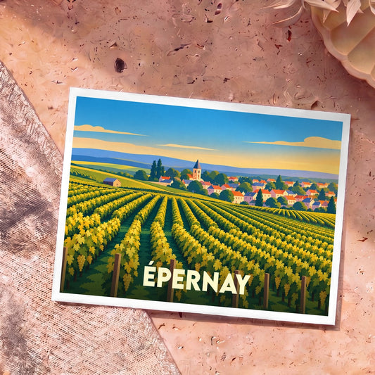 Carte postale souvenir de la ville d'Épernay avec une illustration stylisée de ses vignobles.