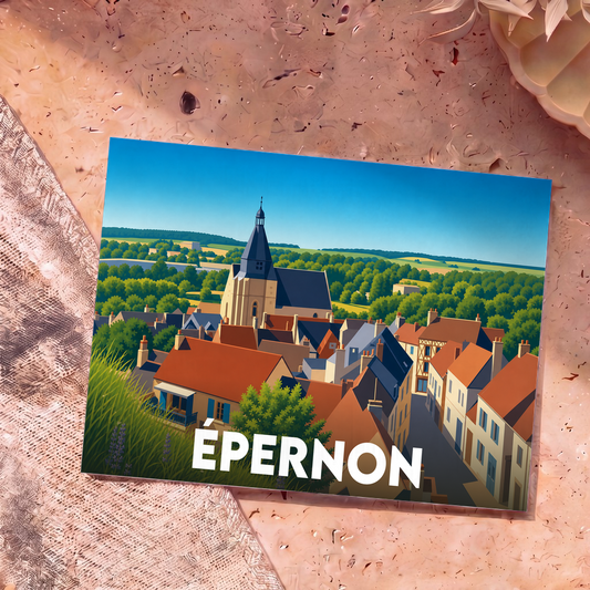 Carte postale souvenir de la ville d'Épernon illustrant ses toits et son église dans un style graphique épuré.
