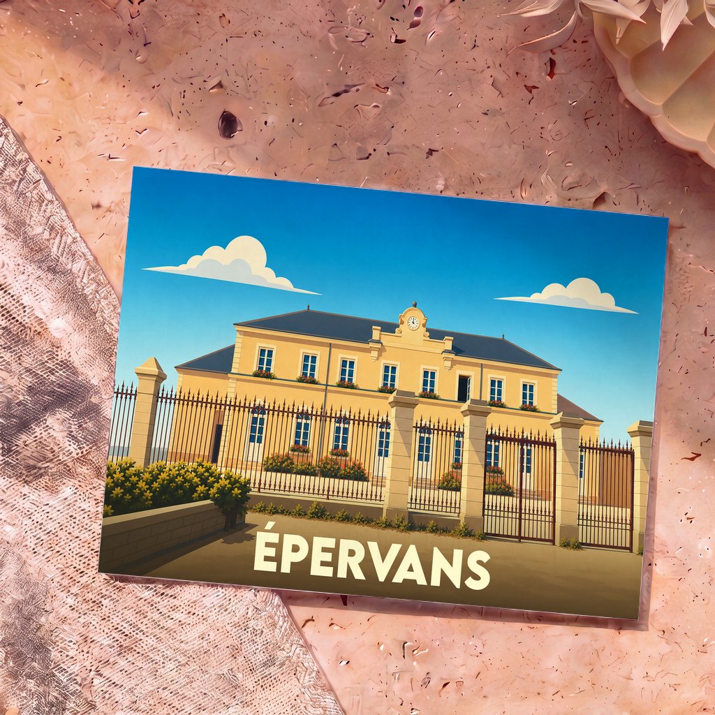 Carte postale souvenir de la ville d'Épervans avec une illustration stylisée de sa mairie.