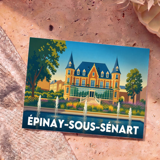 Carte postale souvenir de la ville d'Épinay-sous-Sénart avec une illustration colorée et stylisée de l'hôtel de ville.