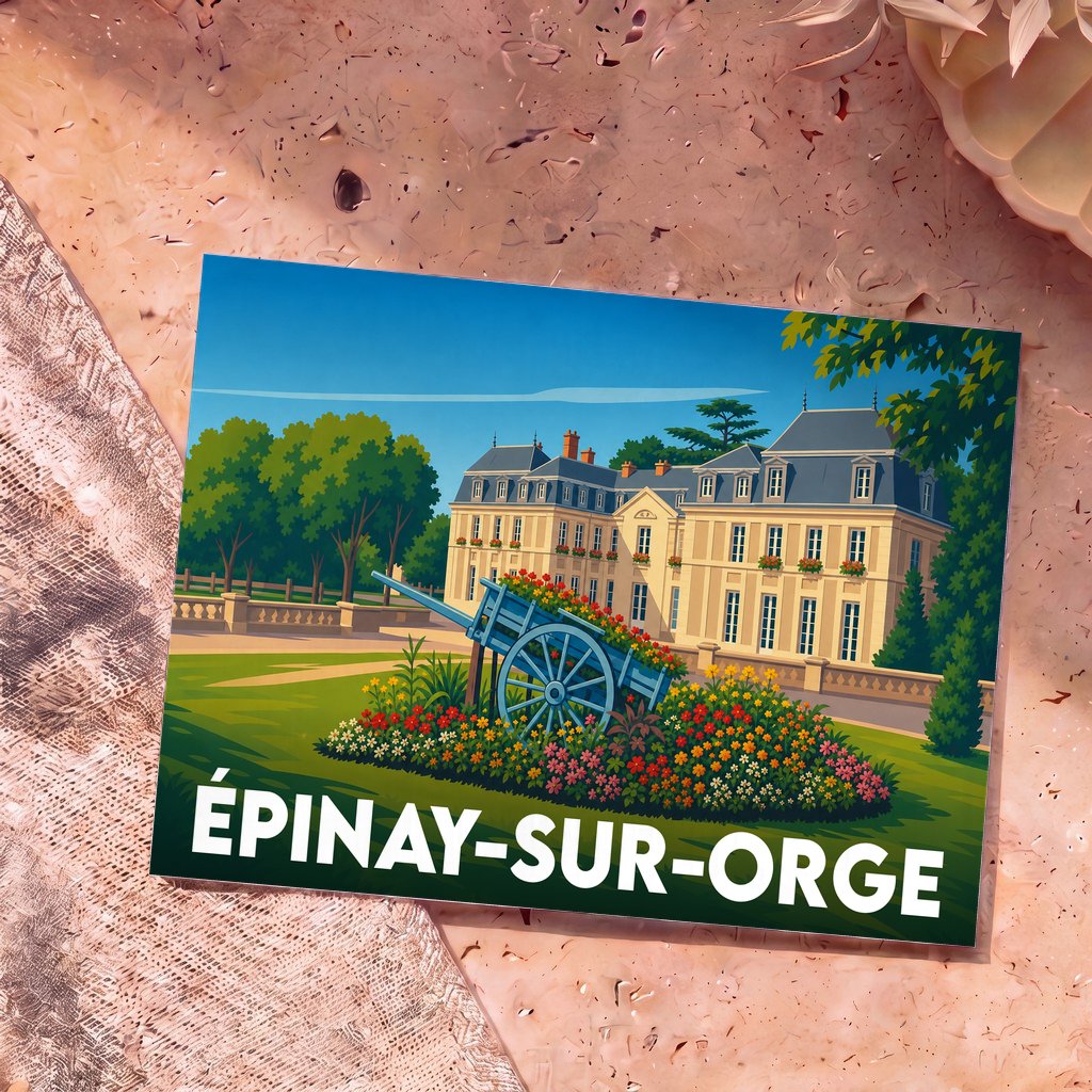 Carte postale souvenir de la ville d'Épinay-sur-Orge illustrant un château et une charrette fleurie dans un style rétro.