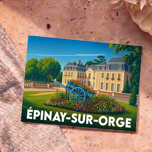 Carte postale souvenir de la ville d'Épinay-sur-Orge illustrant un château et une charrette fleurie dans un style rétro.