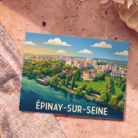 Carte postale souvenir de la ville d'Épinay-sur-Seine avec une illustration stylisée et colorée.