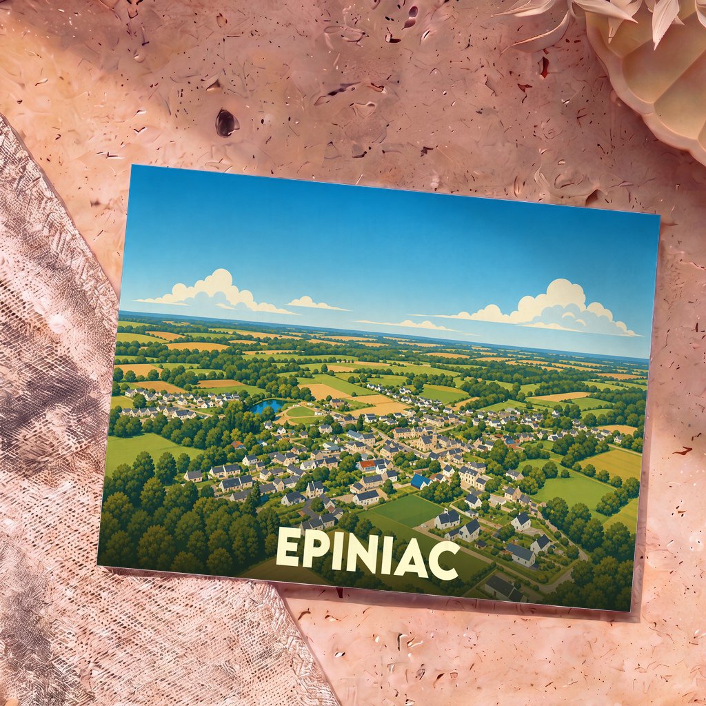 Carte postale souvenir de la ville d'Epiniac avec une illustration aérienne et stylisée de ses paysages.