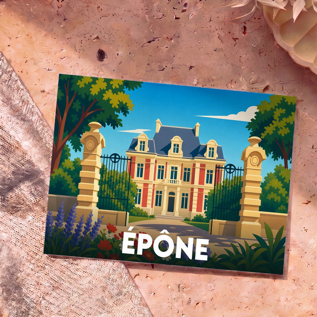 Carte postale souvenir de la ville d'Épône illustrant un château derrière une grille ouvragée.