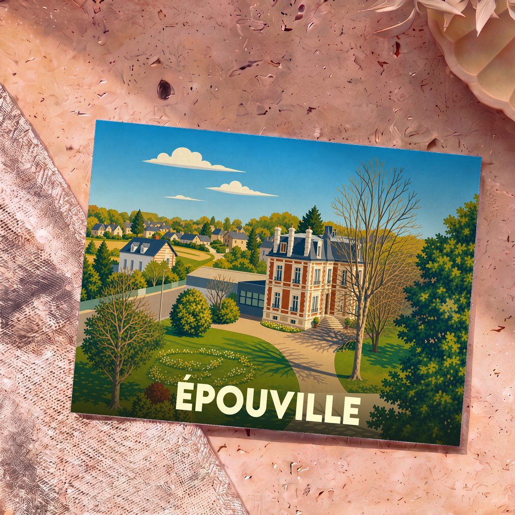 Carte postale souvenir de la ville d'Épouville illustrant un grand manoir entouré de verdure dans un style graphique épuré.