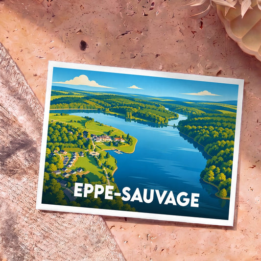 Carte postale souvenir de la ville d'Eppe-Sauvage illustrant un paysage de lac et de forêts.