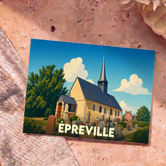 Carte postale souvenir de la ville d'Épreville avec une illustration stylisée de son église et de son cimetière.