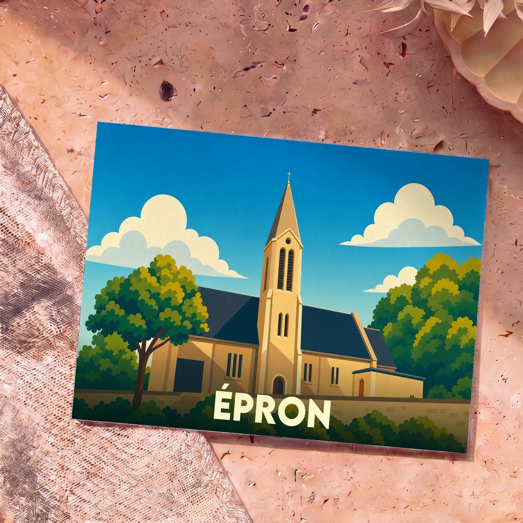 Carte postale souvenir de la ville d'Épron avec une illustration stylisée de son église sous un ciel azur.