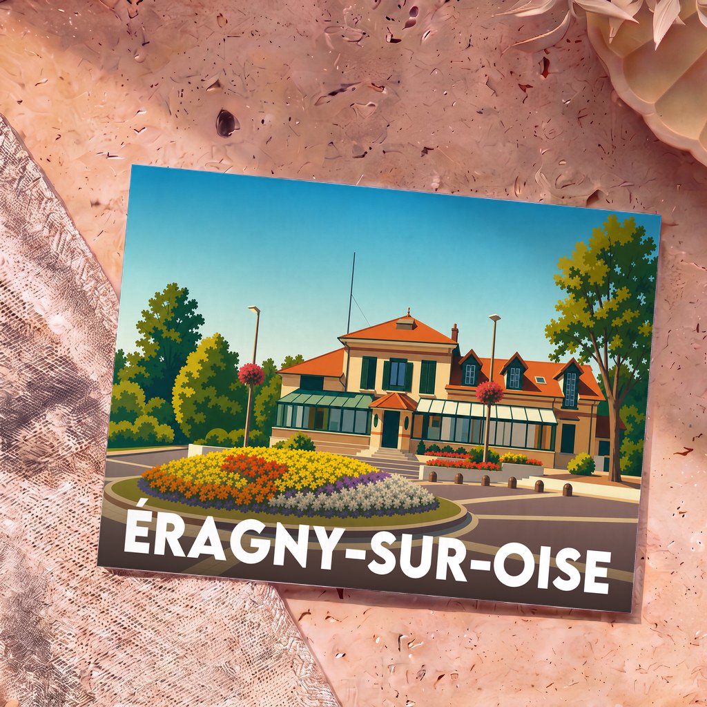 Carte postale souvenir de la ville d'Éragny-sur-Oise avec une illustration stylisée d'une maison fleurie.