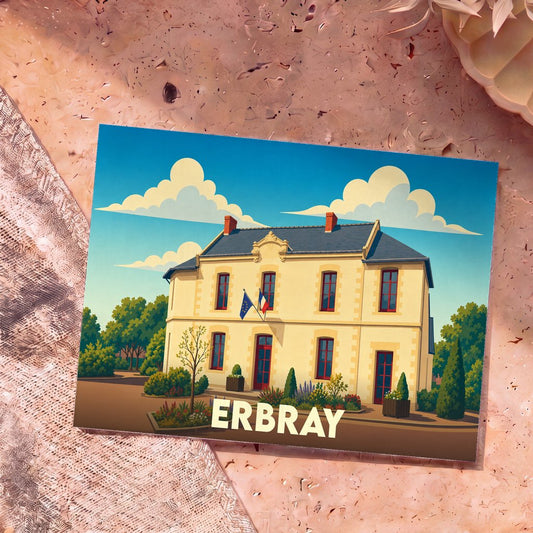 Carte postale souvenir de la ville d'Erbray avec une illustration stylisée de sa mairie.