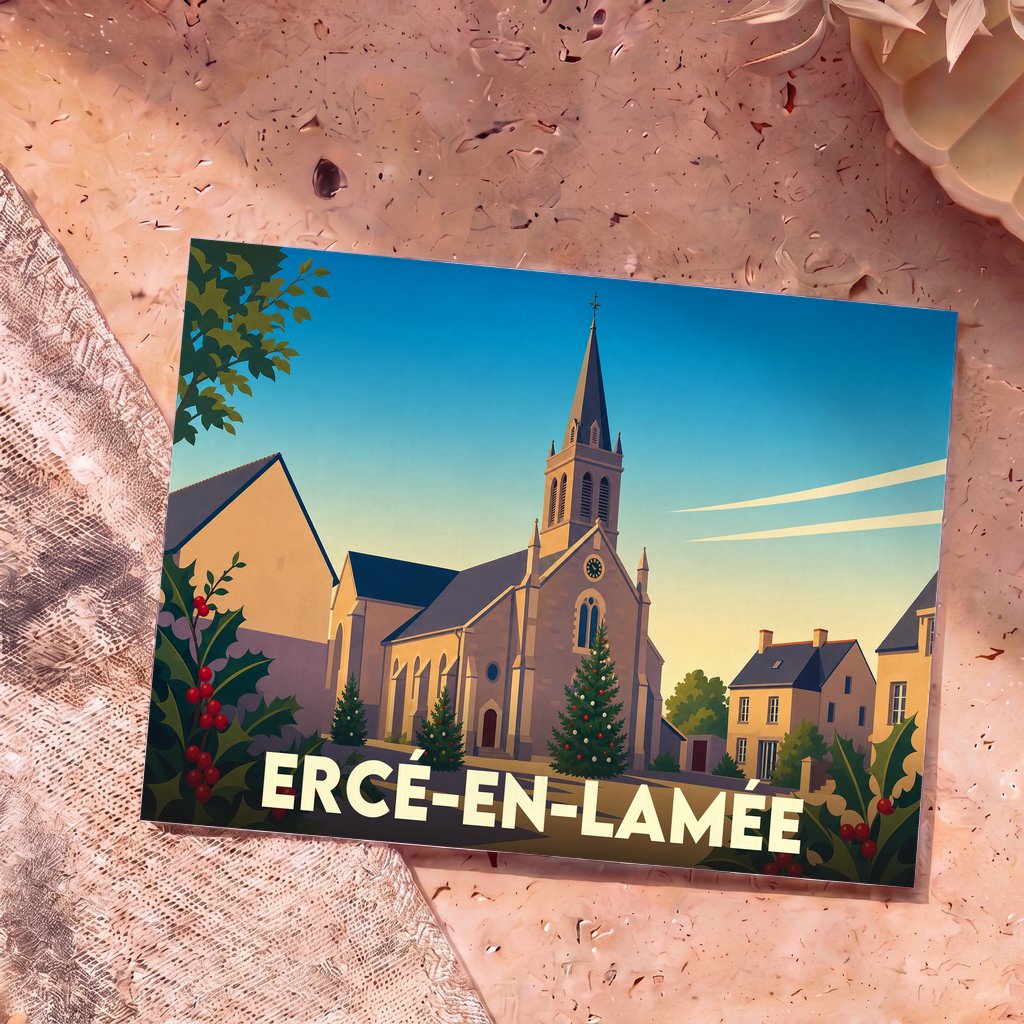 Carte postale souvenir de la ville d'Ercé-en-Lamée avec une illustration stylisée de son église en période de fêtes.