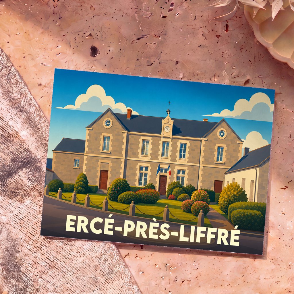 Carte postale souvenir de la ville d'Ercé-près-Liffré avec une illustration stylisée de sa mairie.