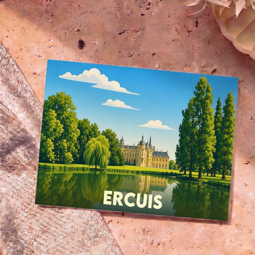 Carte postale souvenir de la ville d'Ercuis illustrée d'un château se reflétant dans un étang.