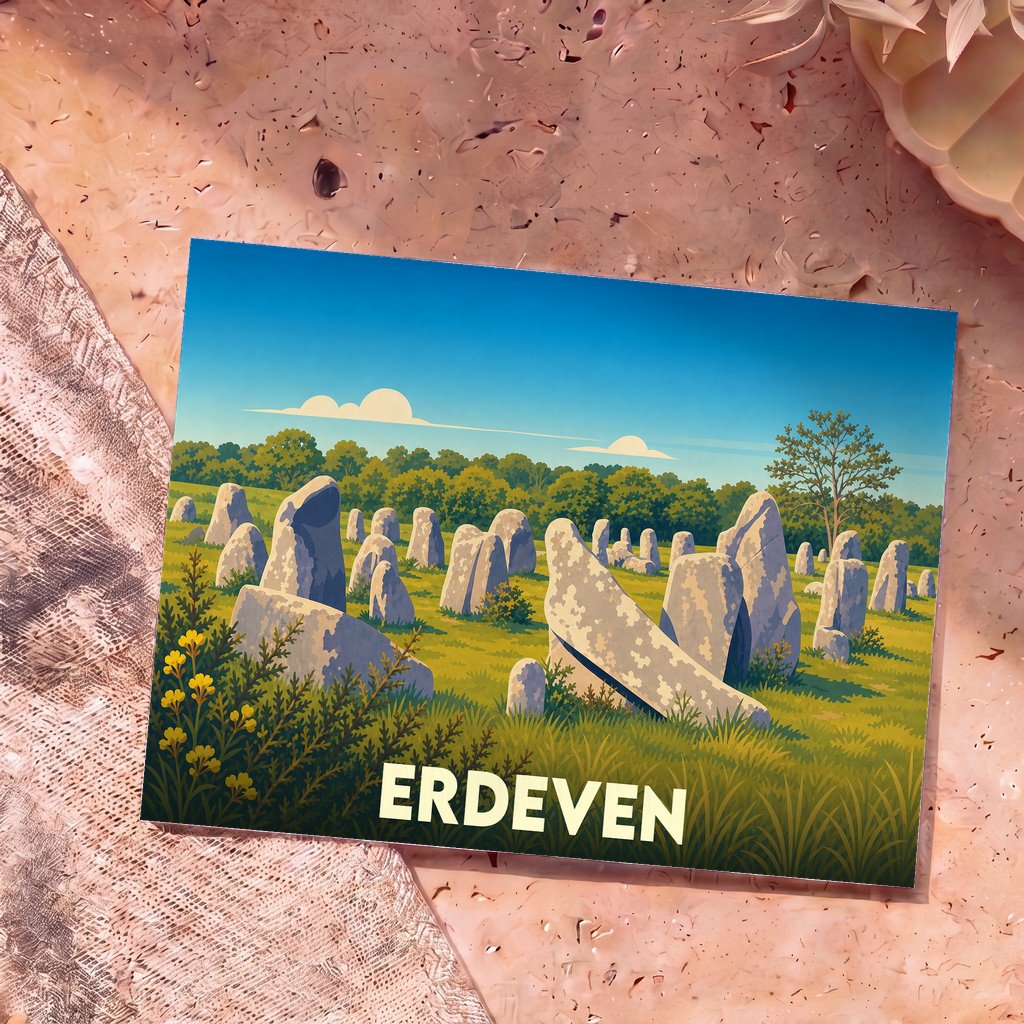 Carte postale souvenir de la ville d'Erdeven illustrant ses célèbres alignements de menhirs dans un style graphique épuré.