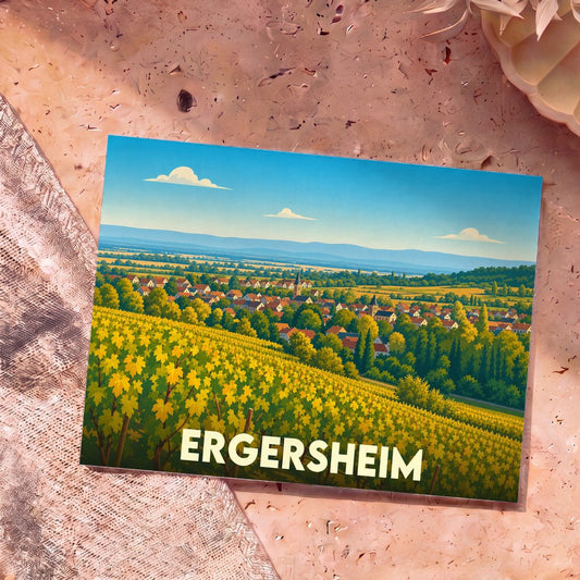 Carte postale souvenir de la ville d'Ergersheim avec une illustration stylisée de son vignoble et de ses maisons à colombages.