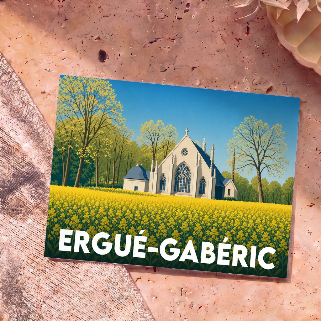 Carte postale souvenir de la ville d'Ergué-Gabéric avec une illustration stylisée d'une chapelle et d'un champ de fleurs.