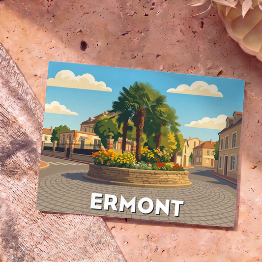 Carte postale souvenir de la ville d'Ermont avec une illustration stylisée d'une place arborée.