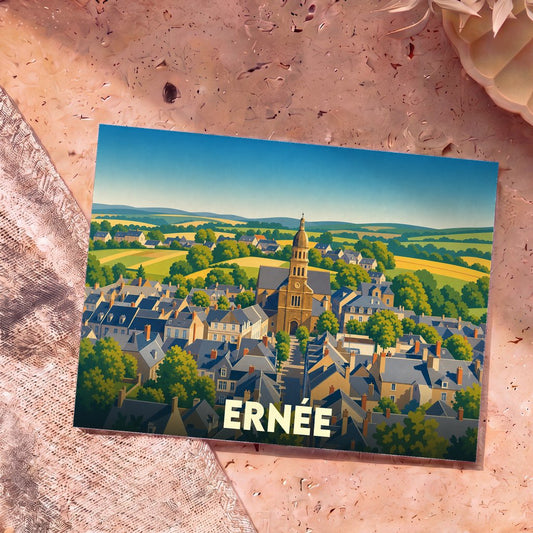 Carte postale souvenir de la ville d'Ernée avec une illustration stylisée de son église et de ses paysages vallonnés.
