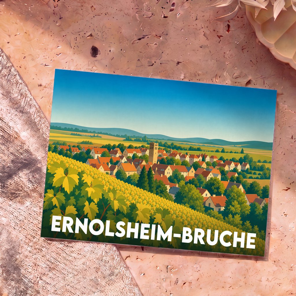 Carte postale souvenir de la ville d'Ernolsheim-Bruche avec une illustration stylisée d'un village alsacien entouré de vignobles.