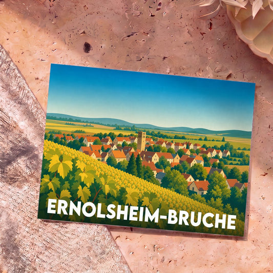 Carte postale souvenir de la ville d'Ernolsheim-Bruche avec une illustration stylisée d'un village alsacien entouré de vignobles.