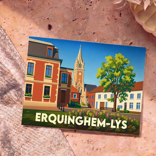 Carte postale souvenir de la ville d'Erquinghem-Lys avec une illustration colorée et stylisée de son centre-ville.