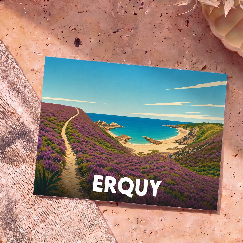 Carte postale souvenir de la ville d'Erquy arborant une illustration stylisée d'un sentier côtier fleuri surplombant une plage.