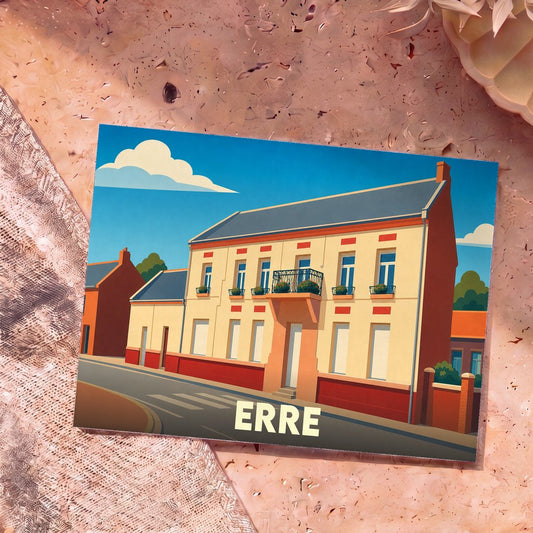 Carte postale souvenir de la ville de Erre avec une illustration stylisée d'une maison de maître.