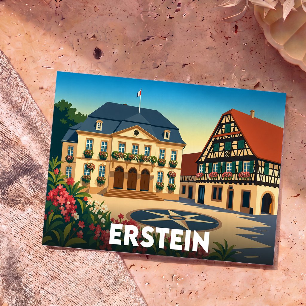 Carte postale souvenir de la ville de Erstein avec une illustration stylisée de l'hôtel de ville et d'une maison à colombages.