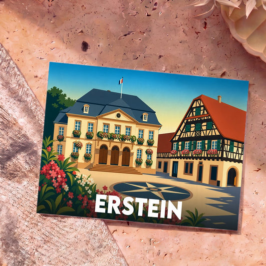 Carte postale souvenir de la ville de Erstein avec une illustration stylisée de l'hôtel de ville et d'une maison à colombages.