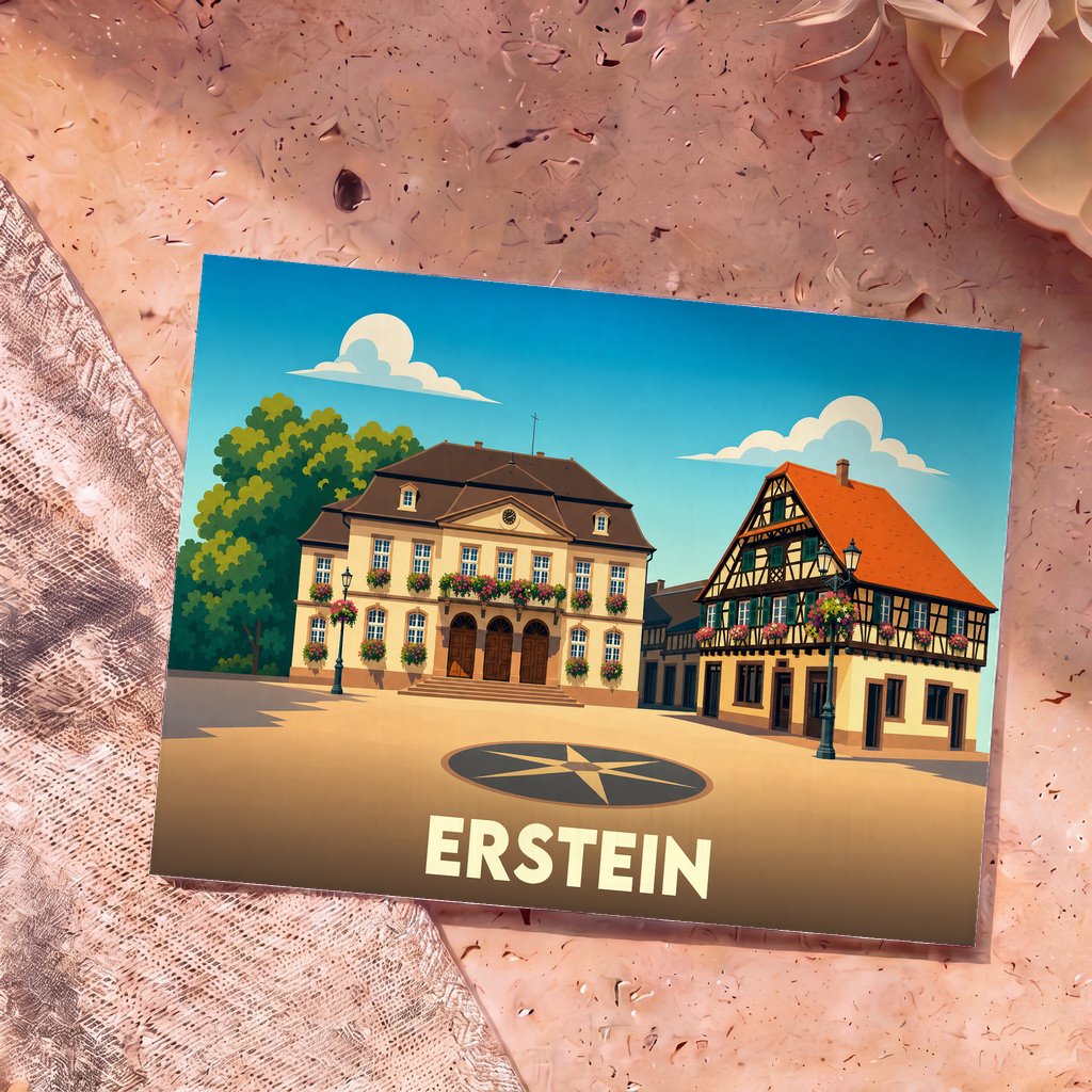 Carte postale souvenir de la ville d'Erstein avec une illustration stylisée de sa place centrale.